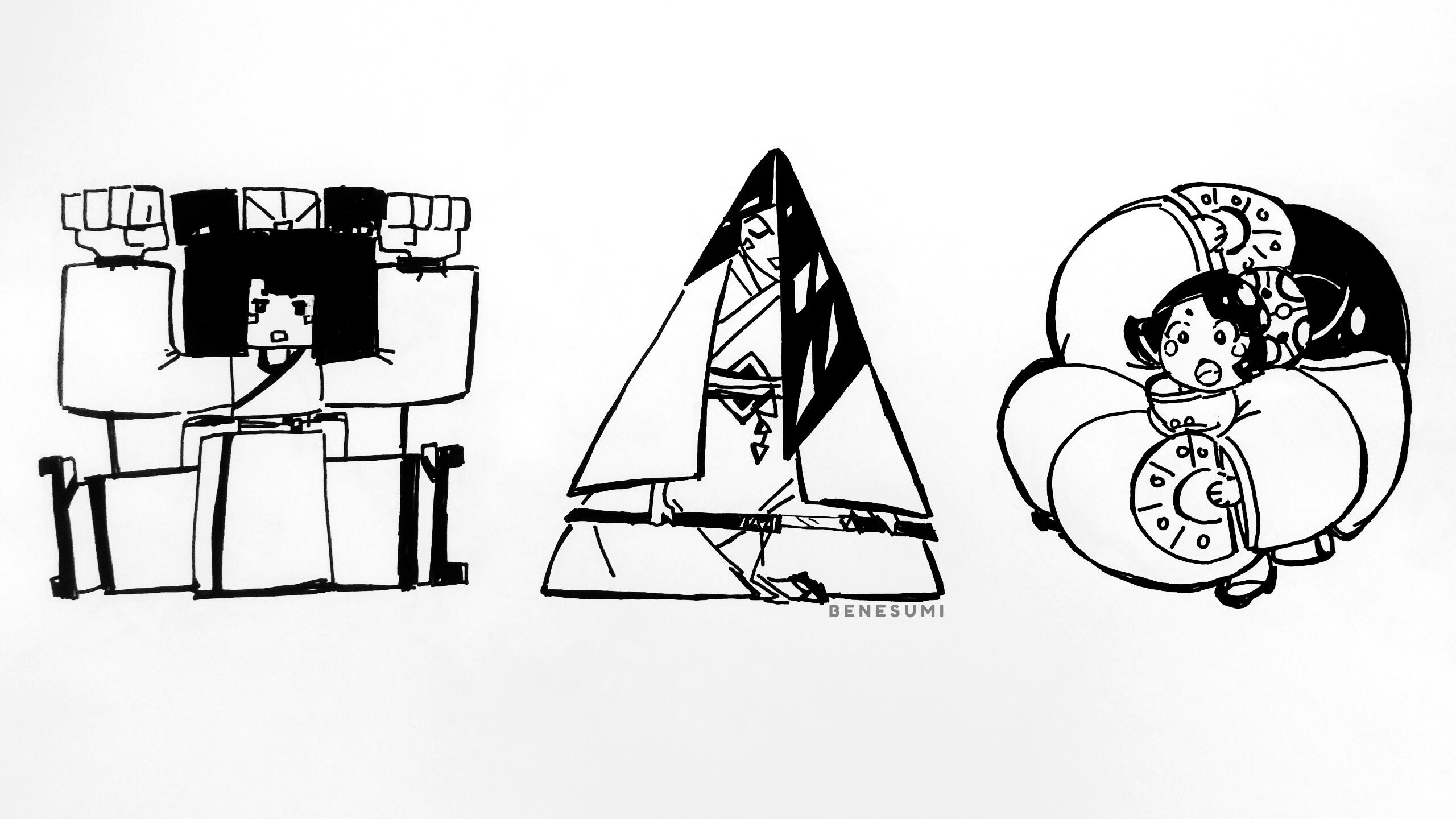 Black and white cartoon drawing of three kimono wearing women fighters and follow the basic shapes of a square, a triangle, and a circle. First woman is doing a split. Second one sitting crisscross with a katana. Third is jumping with open hand fans.