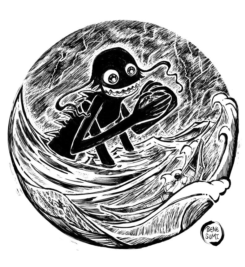 An Umibōzu, a yokai that appears in the ocean after changing a calm sea into a turbulent storm. A black and white drawing with a huge shadowy figure holding a women in a kimono while a man in an ancient boat in a stormy sea.