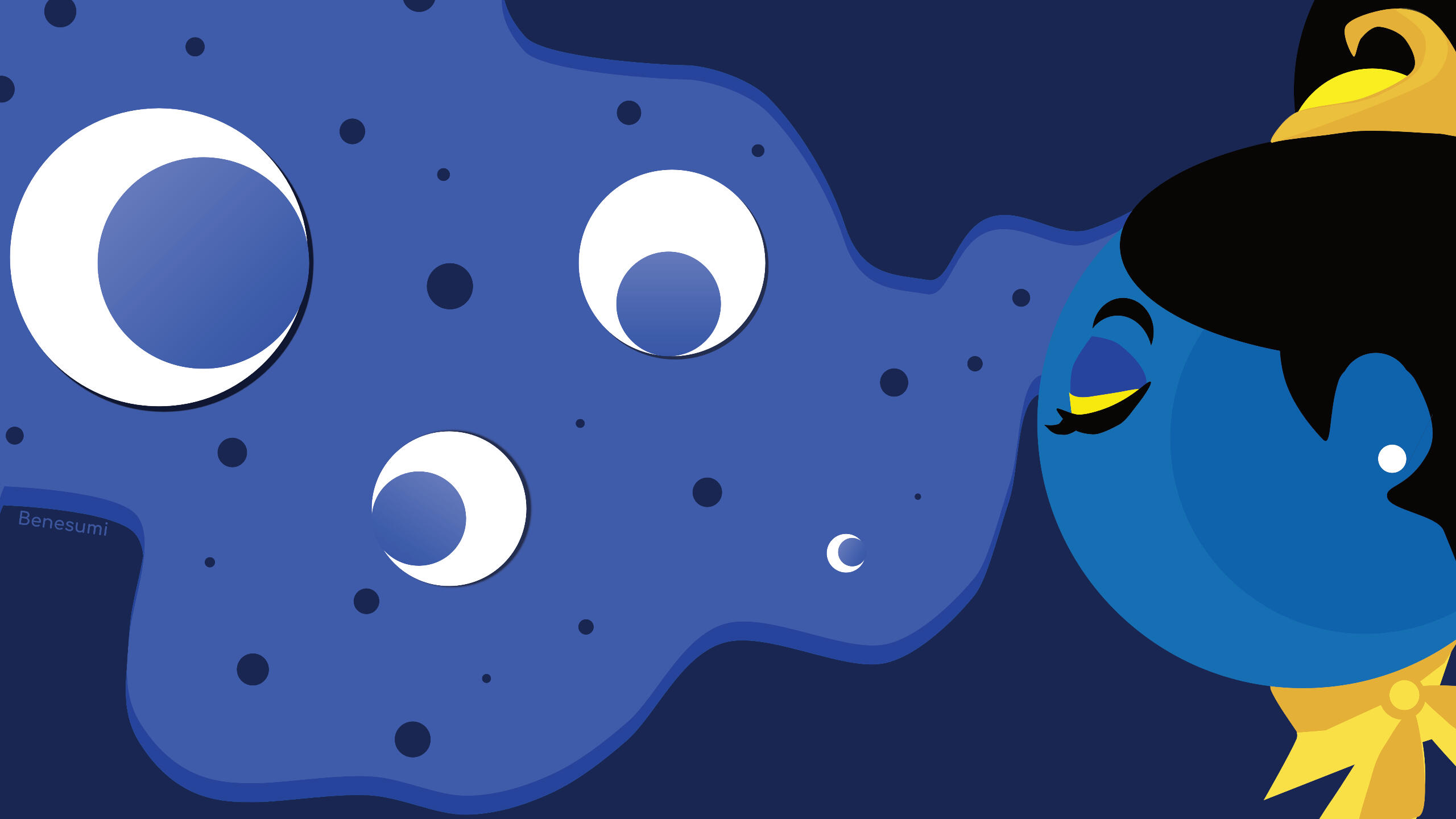Flat graphic design of a blue colored woman with a gold hair piece and neck scarf and her black hair in a bun has her thoughts shown as crescent moons on a wavy dark blue backdrop.