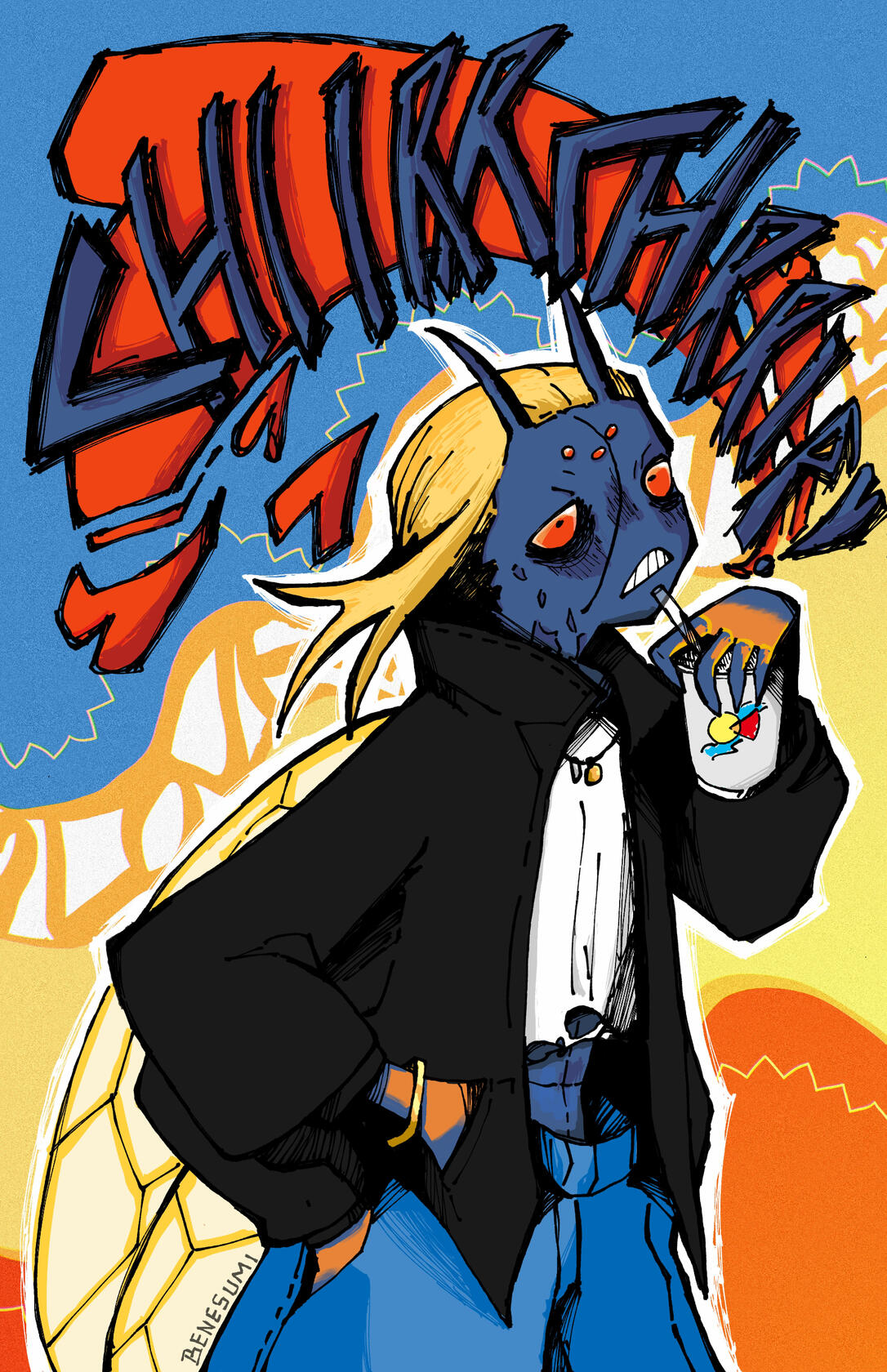 Humanoid male cicada with blue skin and blonde hair. Dressed in a big black jacket with a white torn shirt and drinking juice. Background has large red hearts behind the onomatopoeia of chirping.