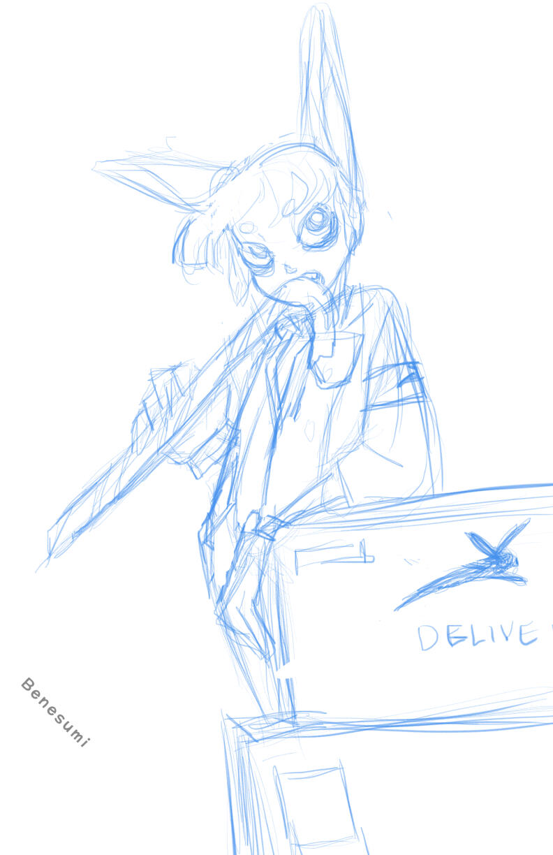 Bun Deliv Sketch - A tired worker taking a break from holiday shipping. The concept sketch.