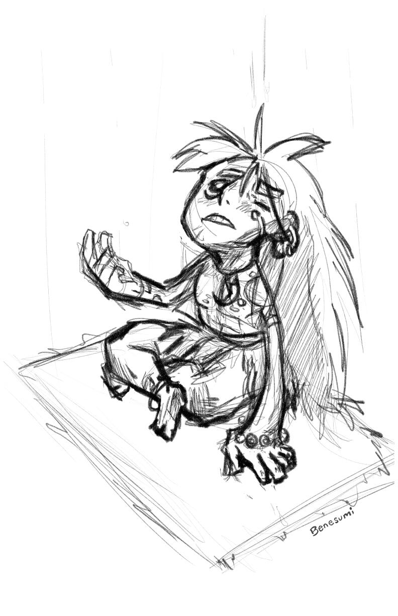 A sketch of a caveman with skin and messy and long hair. He has tattoos on his torso and is sitting on grass under the starting rain with his right palm upwards.