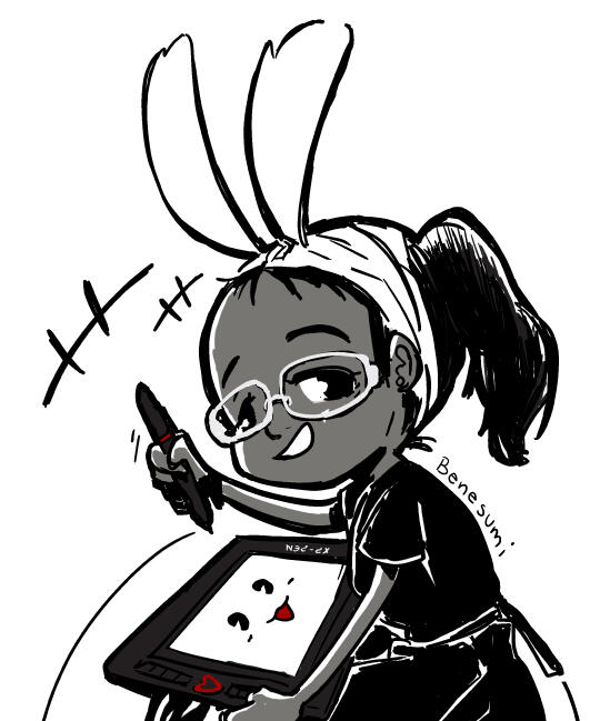 A grayscale, stylized portrait of a sitting, smiling African American woman with her right hand raised to draw on a smiling tablet. She wears short sleeve black romper, silver glasses, has hair in a ponytail. She wears a white scarf tied like bunny ears.
