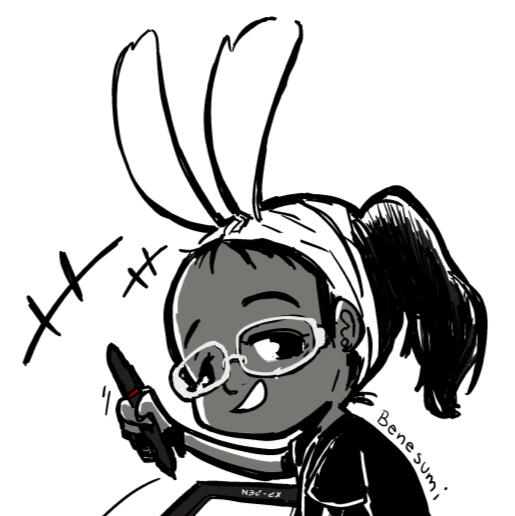 A grayscale, stylized portrait of a sitting, smiling African American woman with her right hand raised to draw on a tablet. She wears short sleeve black romper, silver glasses, has hair in a ponytail. She wears a white scarf tied like bunny ears.