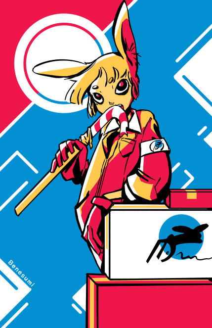Red, blue, yellow, and white illustration of a humanoid rabbit eating a candy cane. He's leaning on a bunny branded box with his elbow.